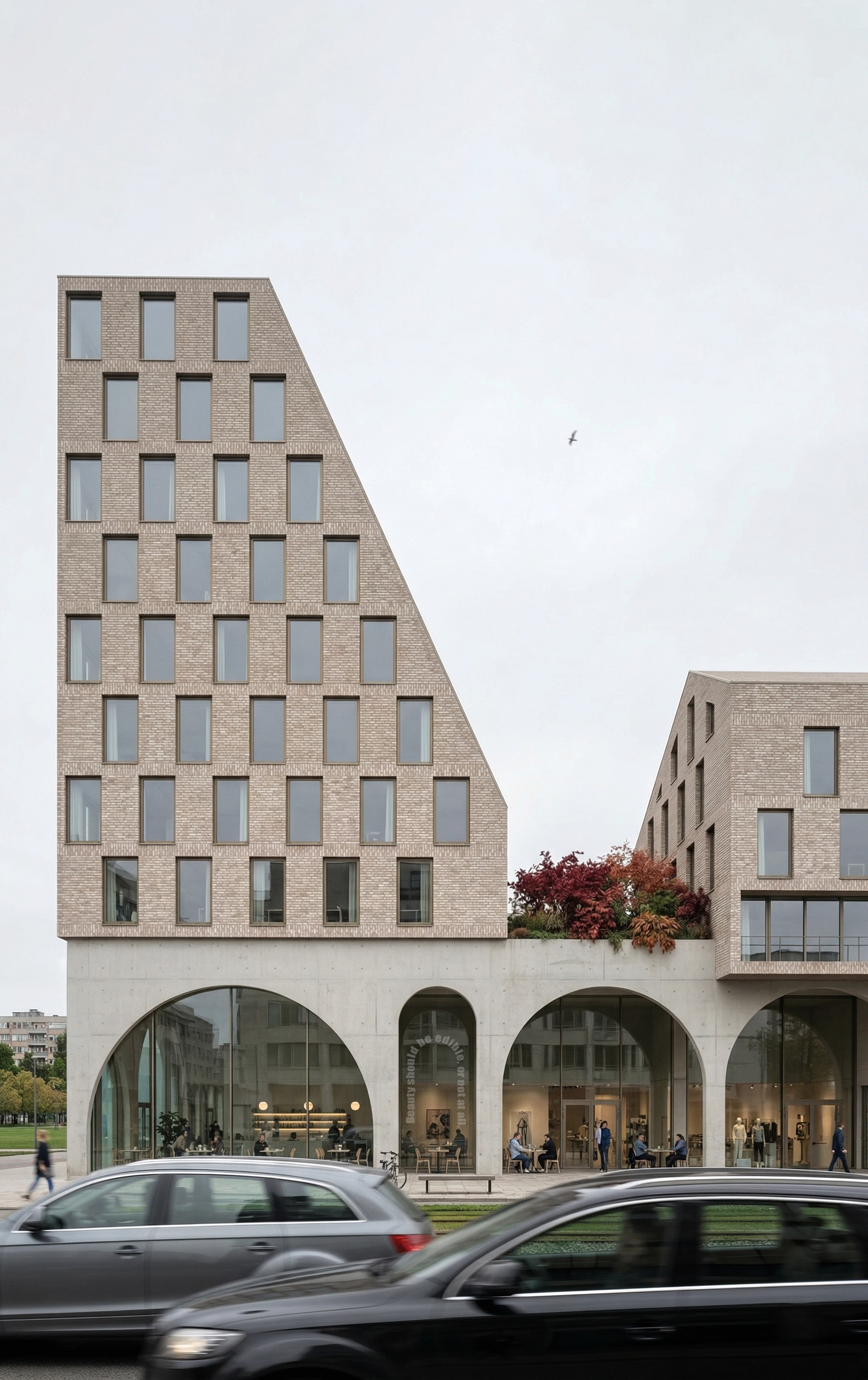 Brick and concrete arcade of the Kristall complex on Lenin Street in Minsk.